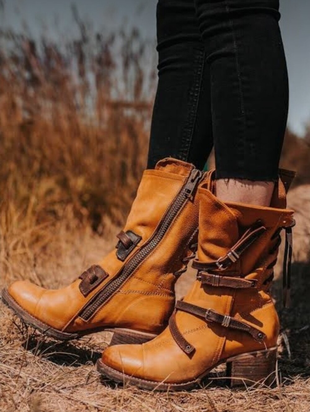 Freebird Cora Tan Leather Buckle Boots - Brown Strap Detail Size 8 - Picture 15 of 15